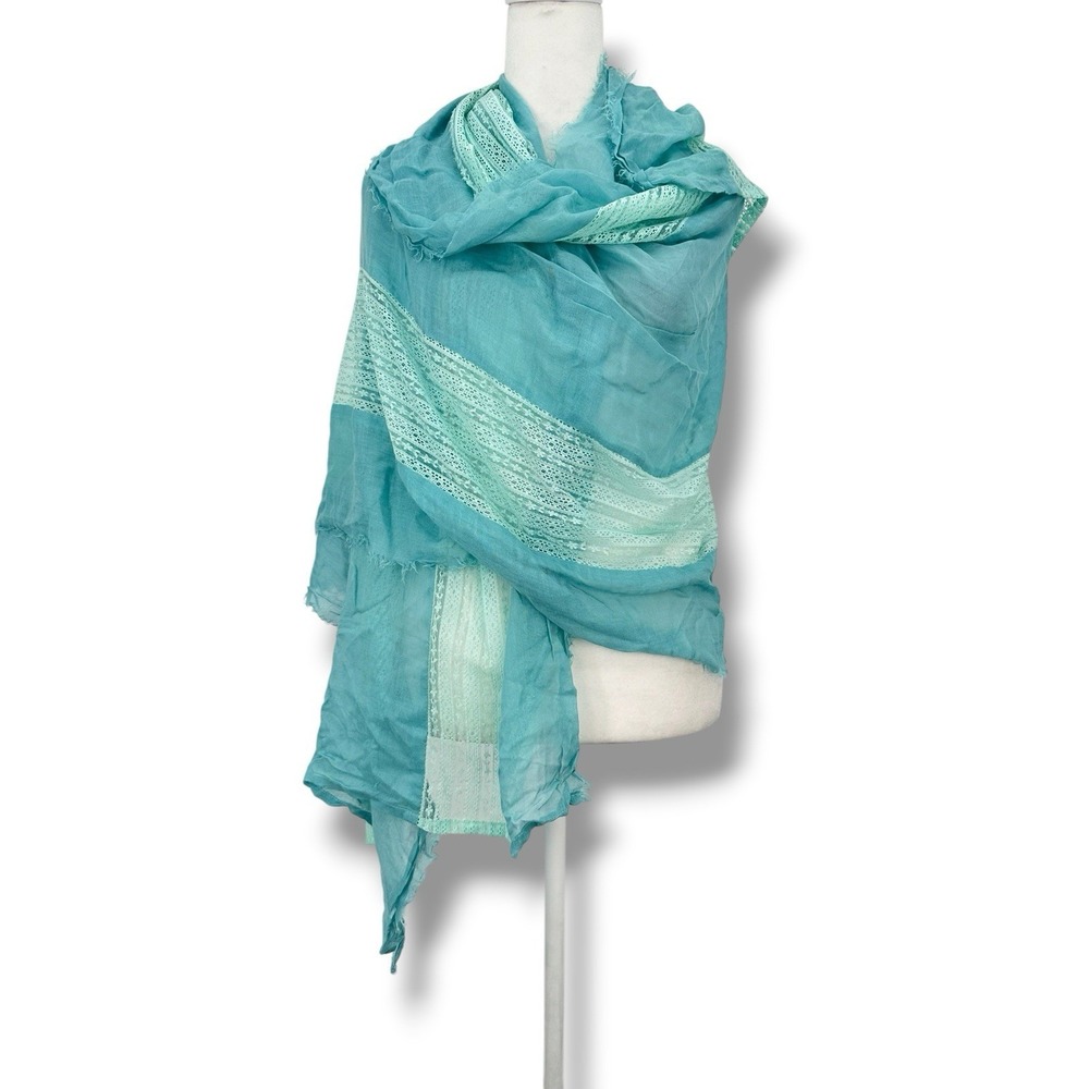 Sheer Lace Panel Scarf Shawl Wrap Aqua Blue Lightweight Boho Ethereal Fairy OS